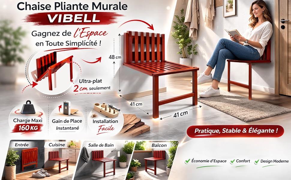 Chaise Pliable murale Polyvalente en Bamboo avec le vérouillage modele déposé