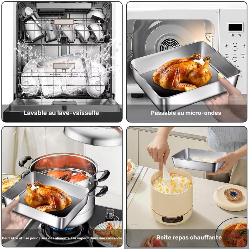 Ensemble de 3 grands récipients de conservation des aliments carrés en acier inoxydable avec couvercle transparent - Anti-fuite