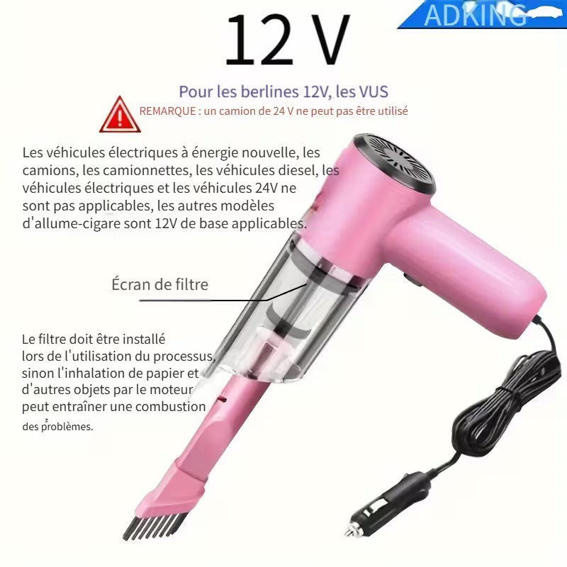 Aspirateur Puissant 12 V avec Design Portable - Idéal pour les Poils d'Animaux, la Poussière et les Miettes - Kit d'Accessoires Inclus