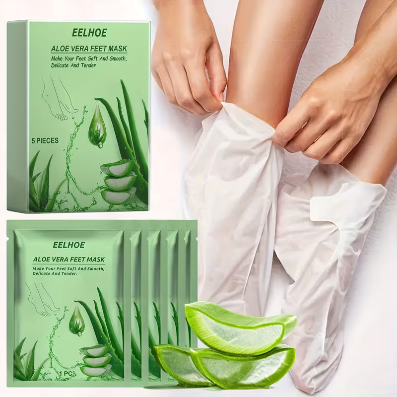 Masque pour Pieds Hydratant, Exfoliant et Raffermissant à l'Aloe Vera - 5 Pièces pour Nettoyer et Adoucir la Peau