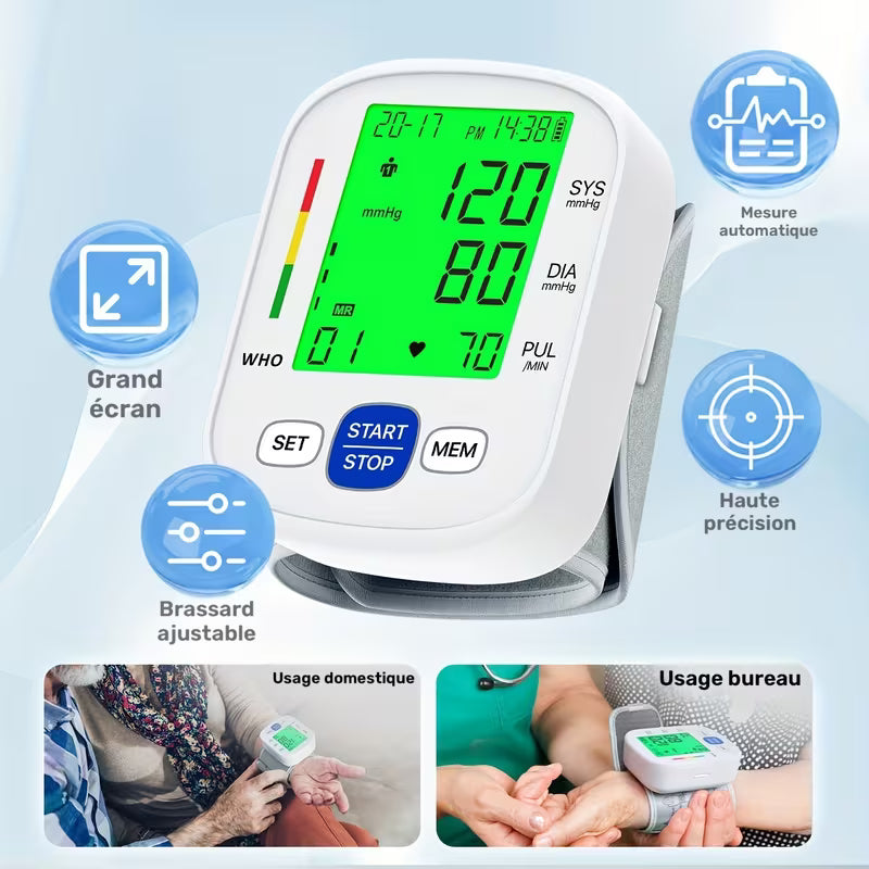Tensiomètre de poignet BSX322, mode double utilisateur automatique portable pour usage domestique, 99 mémoires de mesures, écran rétroéclairage couleur IP22 et lecture rapide en un clic