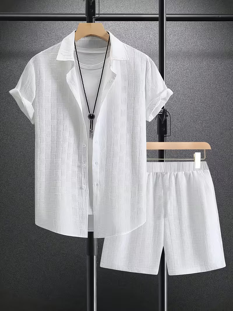 Tenue pour Homme, Ensemble 2 Pièces Coordonnées Chemise à Manches Courtes Boutonnée à Revers et à Imprimé à Carreaux et Short pour Activités de Plein Air