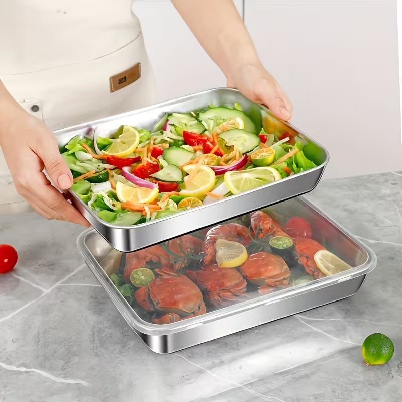 Ensemble de 3 grands récipients de conservation des aliments carrés en acier inoxydable avec couvercle transparent - Anti-fuite