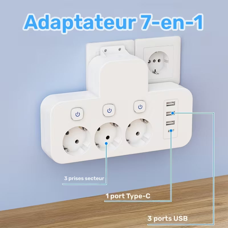 Multiprise AC 3 Ports avec 3 Ports USB et 1 Port Type-C | Convertisseur Prise EU avec Interrupteurs Indépendants, Utilisation Voyage/Maison/Bureau, Sans Câble Inclus