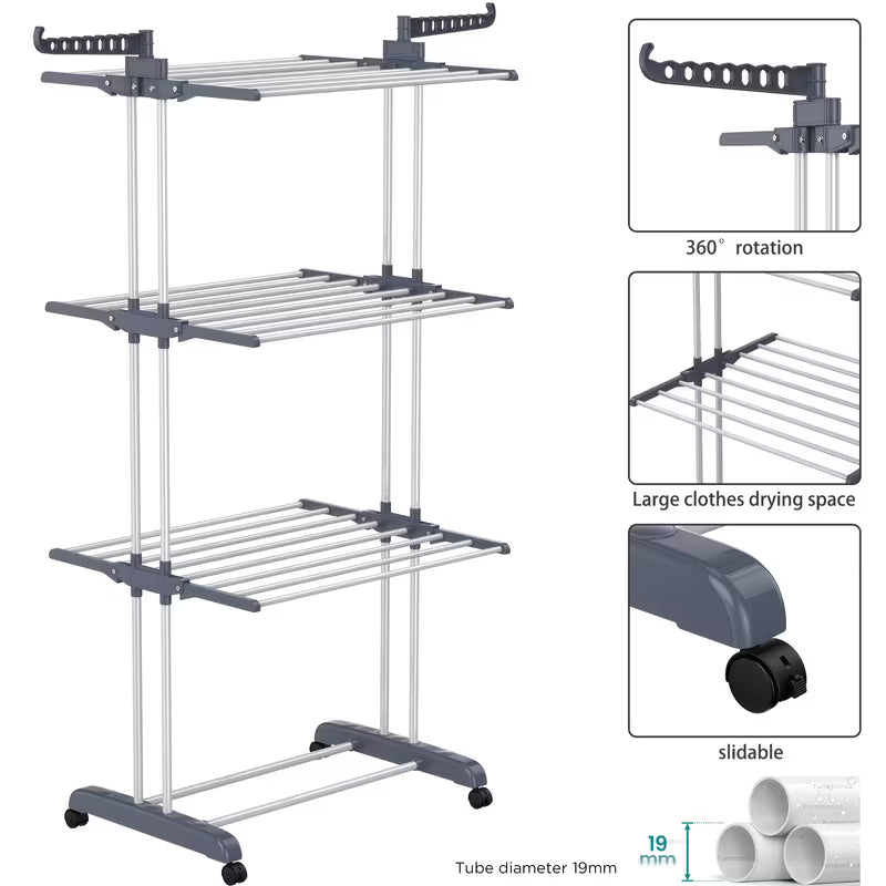 Étendoir à linge pliable 4 niveaux avec roulettes, à linge peu encombrante avec 6 ailes pliantes et 2 bras latéraux rotatifs pour une utilisation intérieure et extérieure, étendoirs