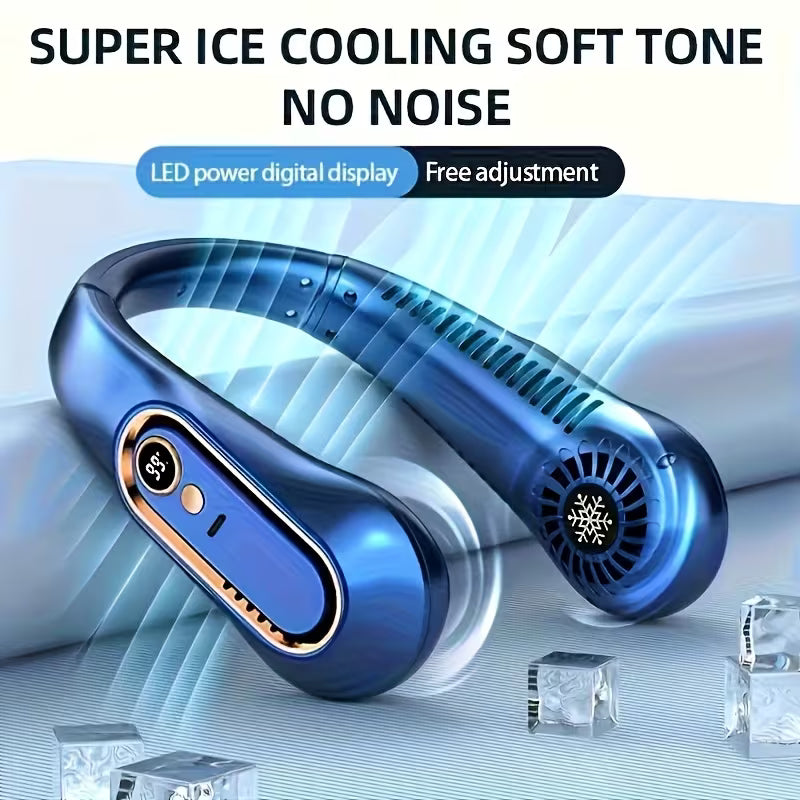 Ventilateur de cou sans pales, mini ventilateur de sport portable rechargeable par USB, refroidissement rapide et sans danger, ventilateur silencieux, 5 vitesses et affichage numérique, ventilateur de camping d'été en plein air
