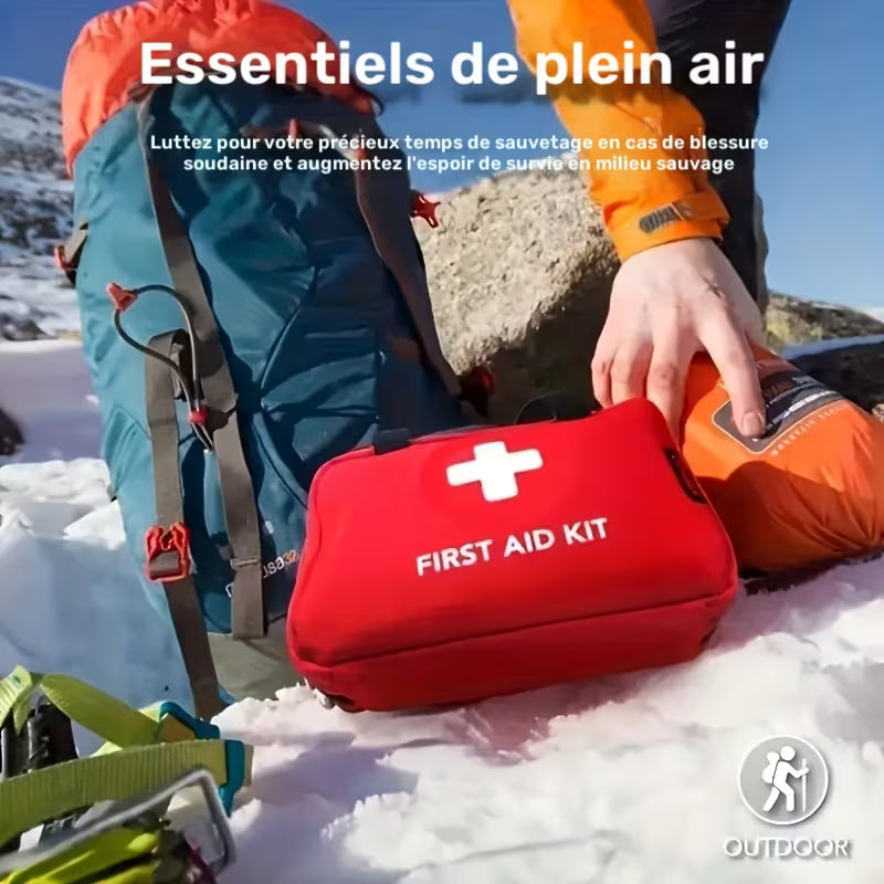 Trousse de premiers soins de luxe 260 pièces - Fournitures de sécurité essentielles pour la maison, les aventures en plein air et le camping - Portable avec ciseaux, bandages, pincettes - Rouge, sans tige de magnésium/silex