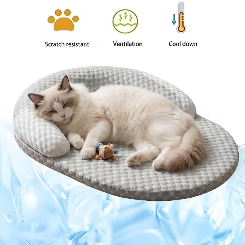 Lit rafraîchissant d'été pour chat, panier respirant pour chien avec oreiller surélevé pour le cou, tapis rond rafraîchissant antidérapant et lavable pour chats et petits chiens
