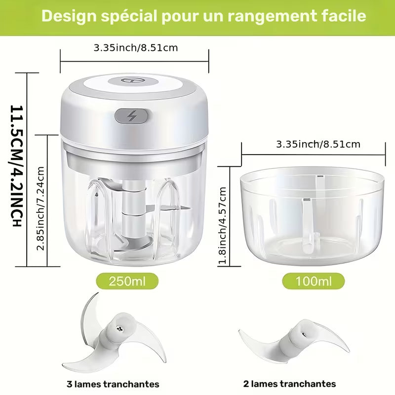 FLZH Hachoir Électrique (250 ml), 3 Lames pour Hacher, Broyer, Émincer, Fouetter, 30W, Appareil à Émincer, Dispositif de Broyage, Design Compact, Performance Efficace, Appareil à Fouetter, Mini Préparateur Alimentaire