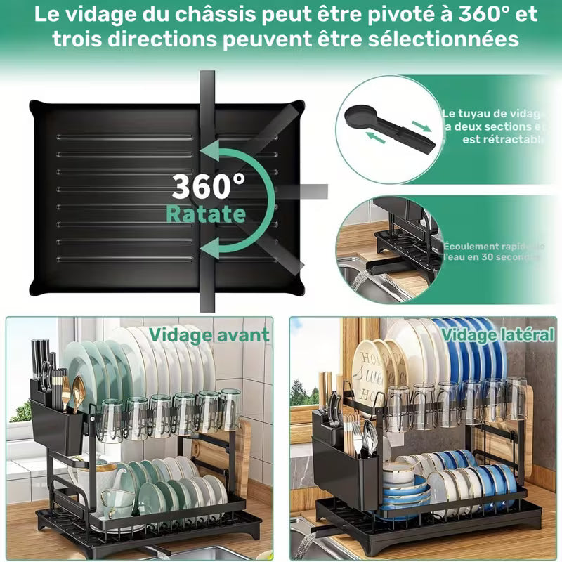 Égouttoir à Vaisselle en Acier Inoxydable à 2 Niveaux avec Bac de Vidange - Égouttoir Rotatif et Réglable