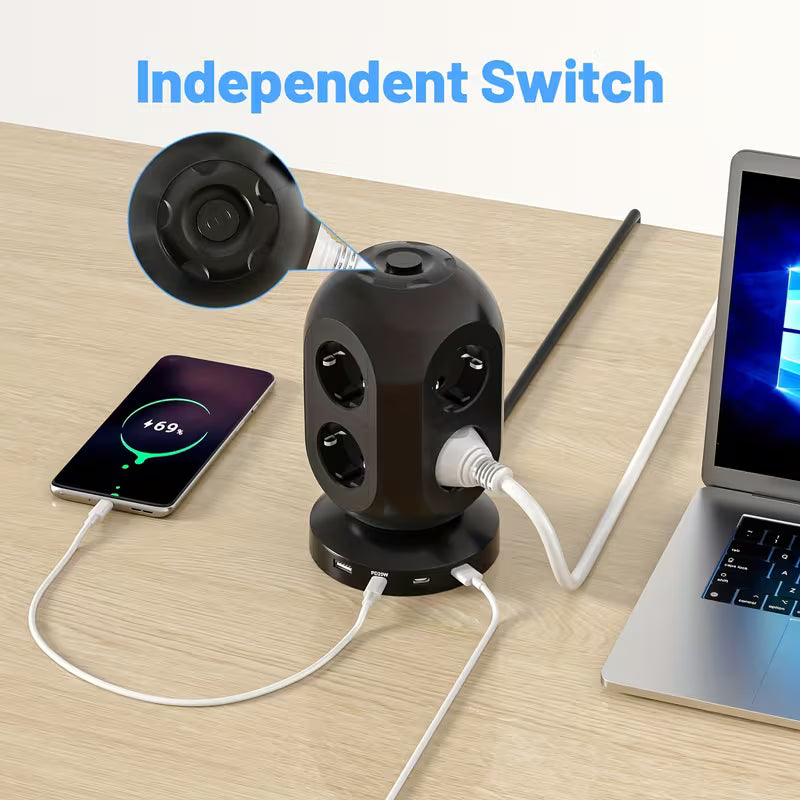 Multiprise Tower avec 8 prises et 4 ports USB (2 USB-C PD20W)