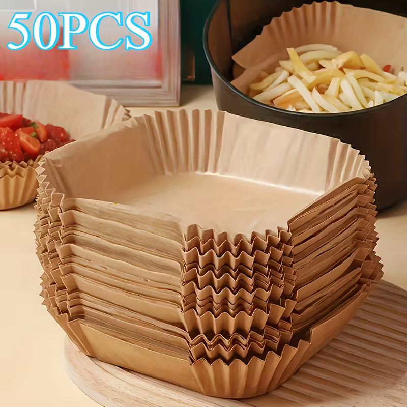 Lot de 100/50 Doublures pour Friteuse à Air - Universelles pour Four et Micro-ondes, Papier de Cuisson Antiadhésif - Sans Revêtement, Résistantes à la Chaleur pour Usage Domestique et Commercial