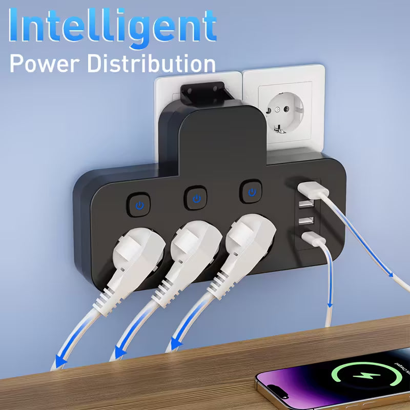 Multiprise AC 3 Ports avec 3 Ports USB et 1 Port Type-C | Convertisseur Prise EU avec Interrupteurs Indépendants, Utilisation Voyage/Maison/Bureau, Sans Câble Inclus