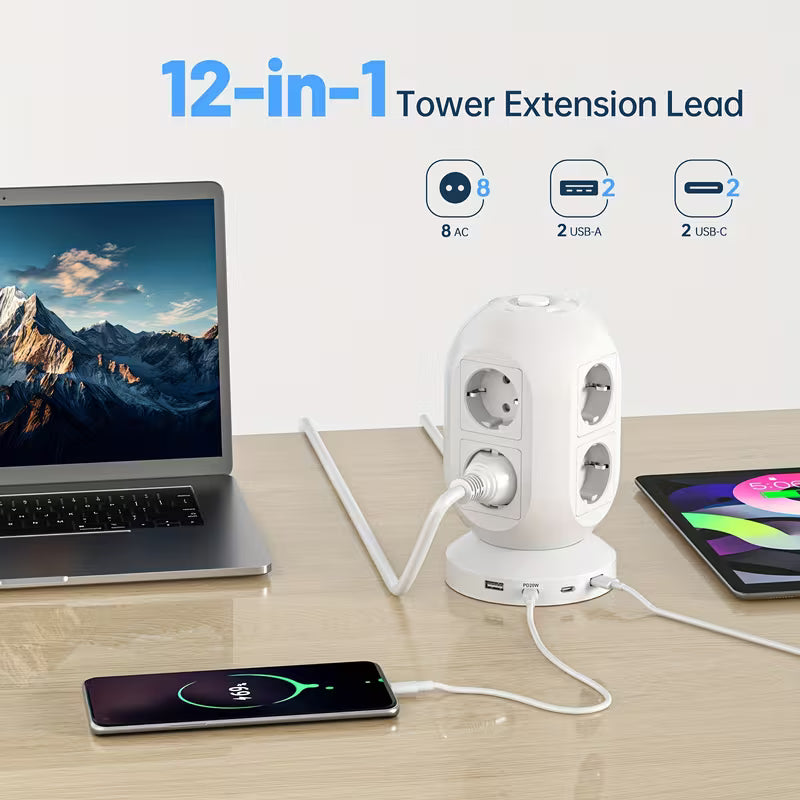Multiprise Tower avec 8 prises et 4 ports USB (2 USB-C PD20W)
