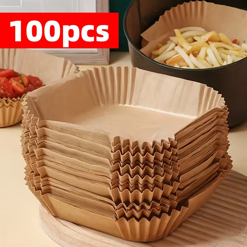 Lot de 100/50 Doublures pour Friteuse à Air - Universelles pour Four et Micro-ondes, Papier de Cuisson Antiadhésif - Sans Revêtement, Résistantes à la Chaleur pour Usage Domestique et Commercial