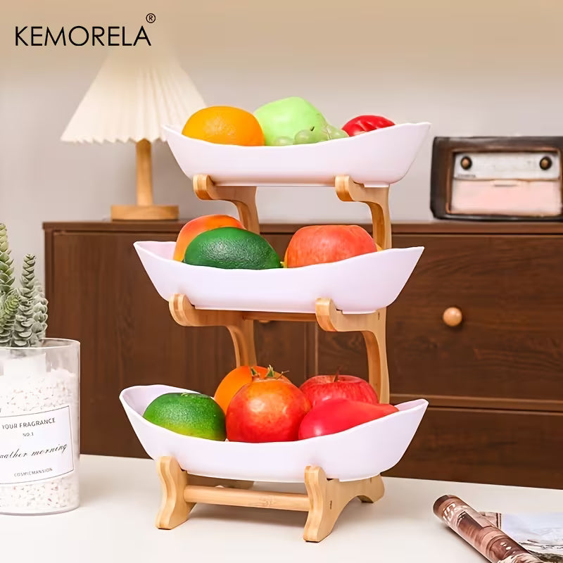 KEMORELA Panier à Fruits de Cuisine à 2/3 Niveaux, Corbeille à Fruits en Plastique, Ensemble de Corbeille à Fruits Grande Capacité, Corbeille à Fruits avec Support (Blanc et Vert)