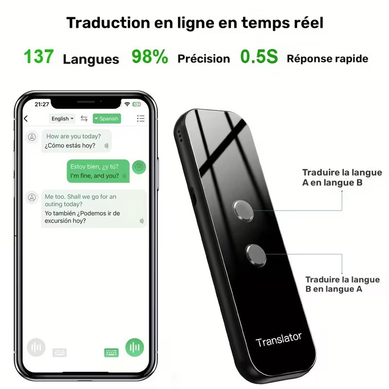 Traducteur de Langue Intelligente 1pc, Traducteur BT Portable pour Voyage Apprentissage Commerce
