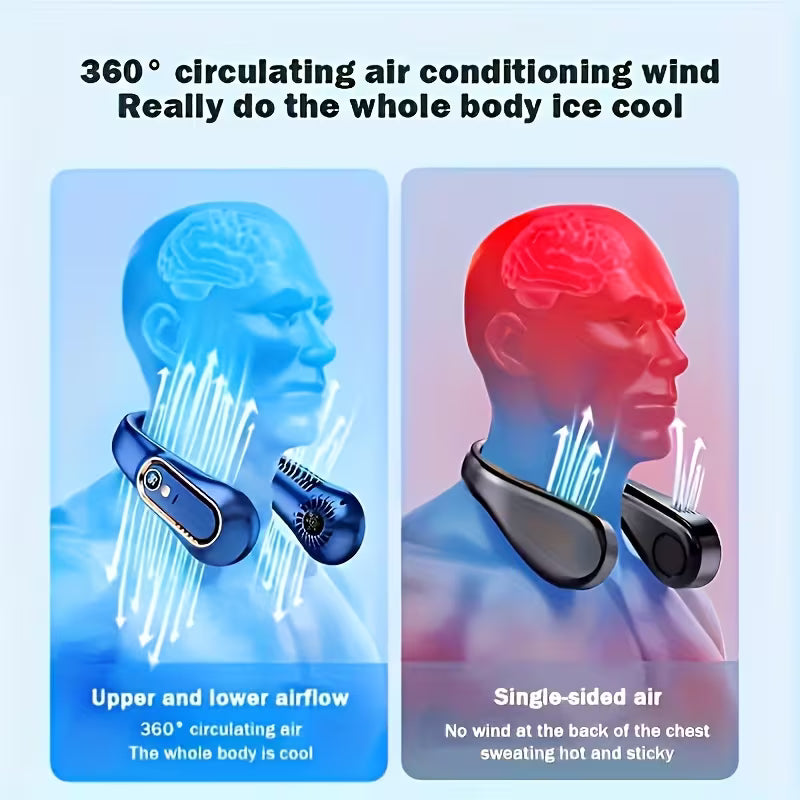 Ventilateur de cou sans pales, mini ventilateur de sport portable rechargeable par USB, refroidissement rapide et sans danger, ventilateur silencieux, 5 vitesses et affichage numérique, ventilateur de camping d'été en plein air