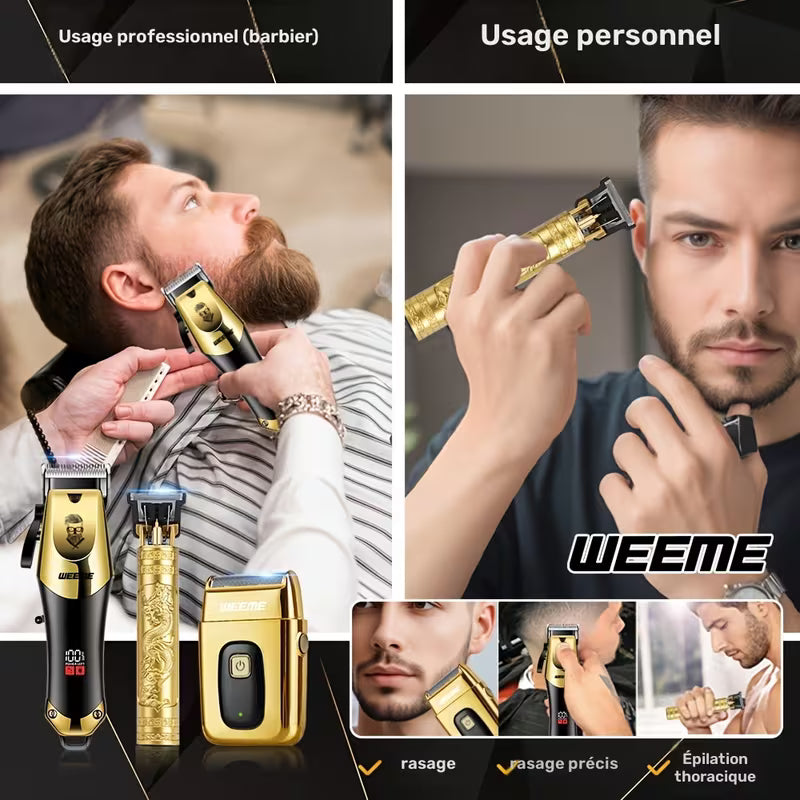 3 pcs. Ensemble de coiffure électrique pour hommes WEEME - Ensemble coiffure pour la maison, appareil électrique à charge par USB, affichage LCD