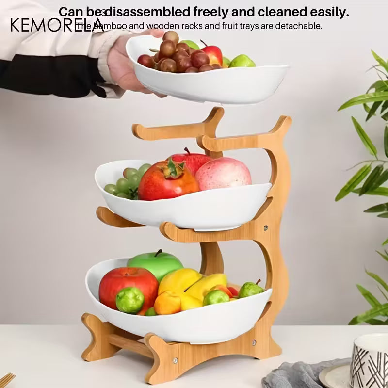 KEMORELA Panier à Fruits de Cuisine à 2/3 Niveaux, Corbeille à Fruits en Plastique, Ensemble de Corbeille à Fruits Grande Capacité, Corbeille à Fruits avec Support (Blanc et Vert)