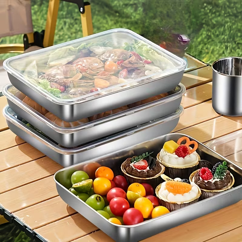 Ensemble de 3 grands récipients de conservation des aliments carrés en acier inoxydable avec couvercle transparent - Anti-fuite
