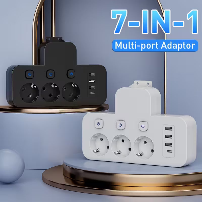 Multiprise AC 3 Ports avec 3 Ports USB et 1 Port Type-C | Convertisseur Prise EU avec Interrupteurs Indépendants, Utilisation Voyage/Maison/Bureau, Sans Câble Inclus