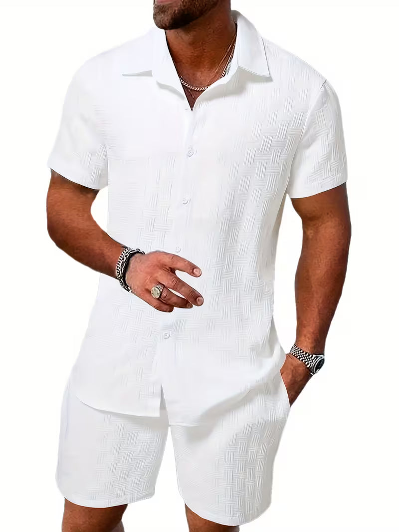 Tenue pour Homme, Ensemble 2 Pièces Coordonnées Chemise à Manches Courtes Boutonnée à Revers et à Imprimé à Carreaux et Short pour Activités de Plein Air