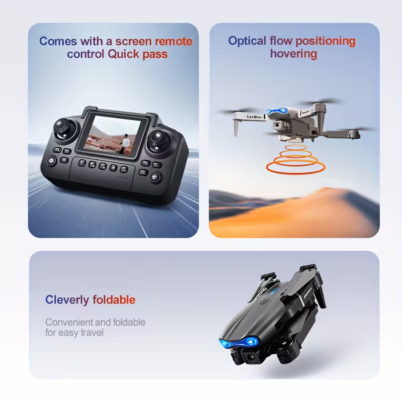 Le drone E99NOVA est doté de deux caméras avec un hovering à flux optique, assurant une imagerie de haute qualité et un vol stable. Ses ailes pliables facilitent le stockage.