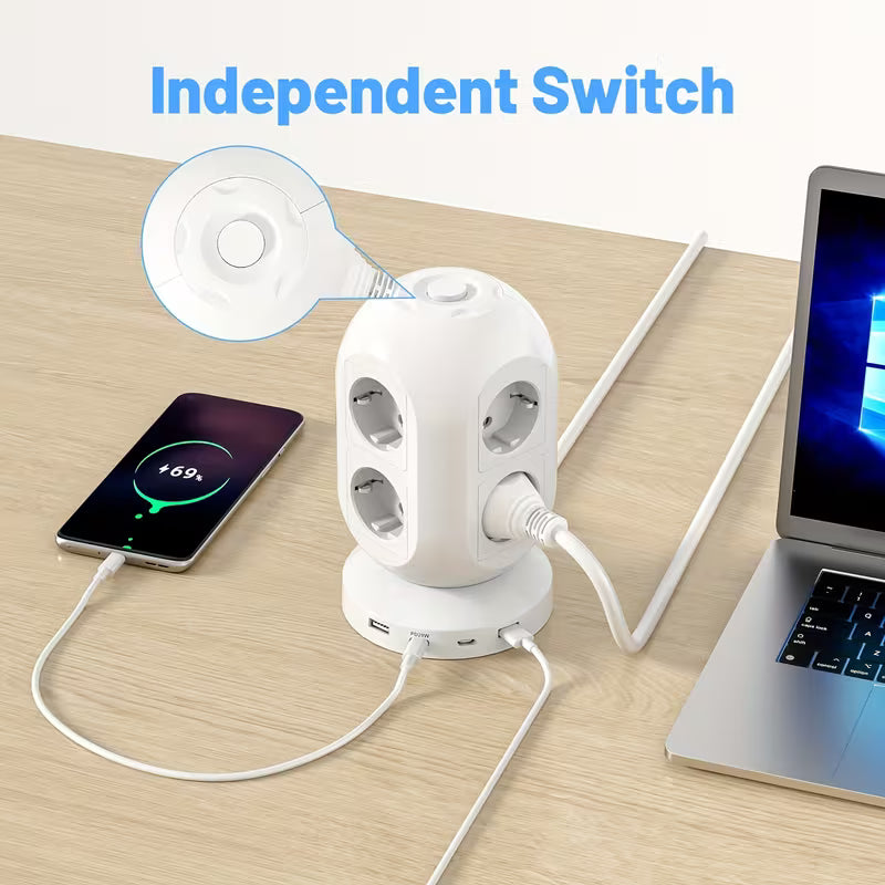 Multiprise Tower avec 8 prises et 4 ports USB (2 USB-C PD20W)