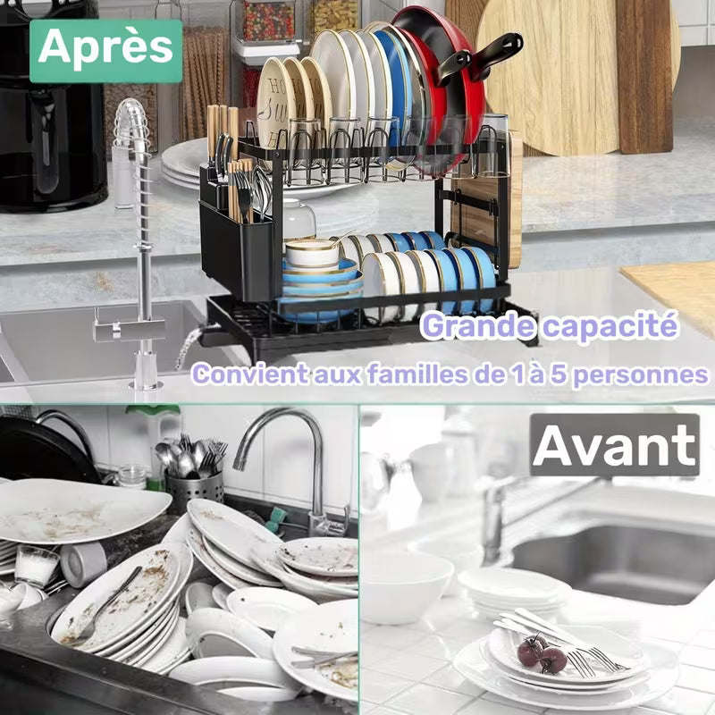 Égouttoir à Vaisselle en Acier Inoxydable à 2 Niveaux avec Bac de Vidange - Égouttoir Rotatif et Réglable