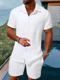 Tenue pour Homme, Ensemble 2 Pièces Coordonnées Chemise à Manches Courtes Boutonnée à Revers et à Imprimé à Carreaux et Short pour Activités de Plein Air