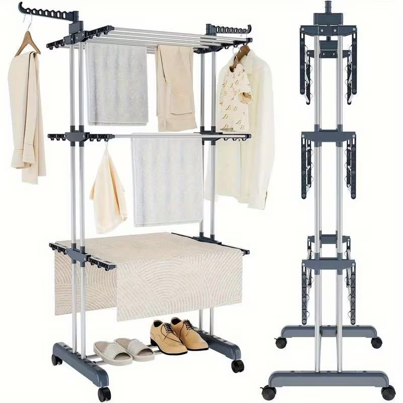 Étendoir à linge pliable 4 niveaux avec roulettes, à linge peu encombrante avec 6 ailes pliantes et 2 bras latéraux rotatifs pour une utilisation intérieure et extérieure, étendoirs