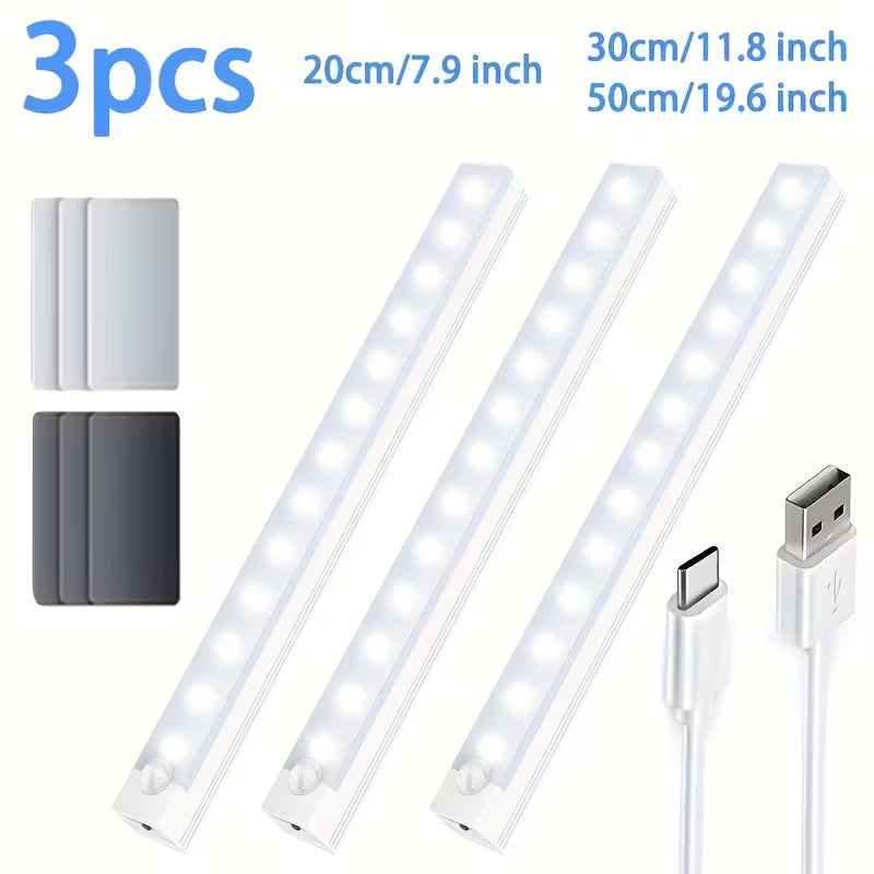 Lot de 3 veilleuses LED à détecteur de mouvement, lumière chaude/blanche, 20 cm/30 cm/50 cm, recharge par USB, magnétique, non perforées, longues, pour la maison et le bureau, cadeau de rentrée scolaire