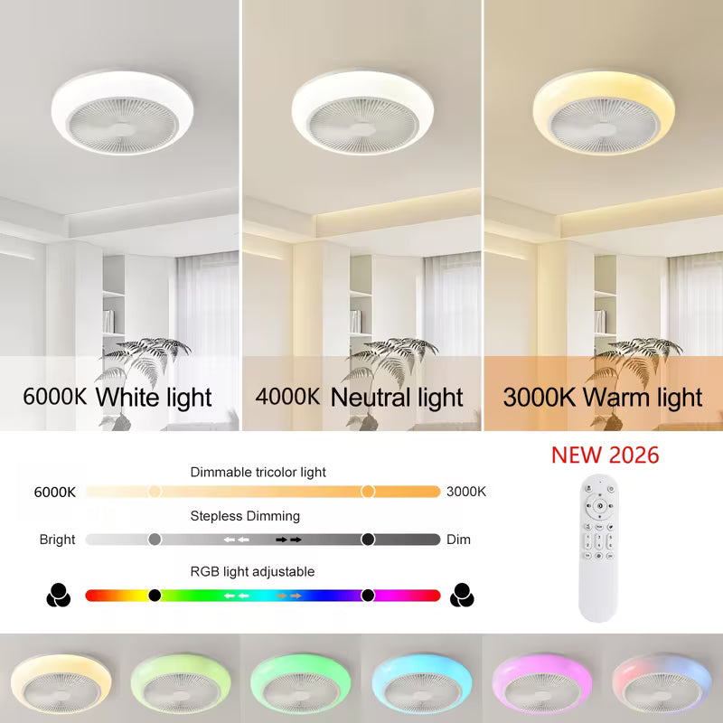 1 ventilateur de plafond intelligent avec lumière LED | Cadeau de Noël, profil bas, sans pales, télécommande, montage encastré fermé, minuterie, 3000-6000K, réversible, pour salon, chambre, grenier, cuisine, buanderie, salle à manger, blanc - AOSUI