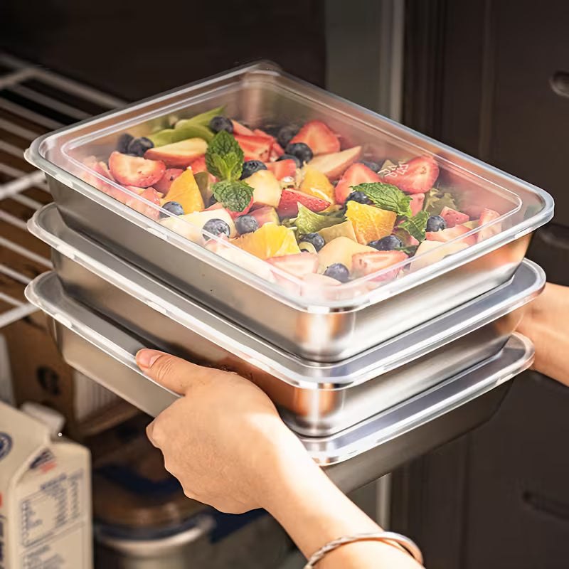 Ensemble de 3 grands récipients de conservation des aliments carrés en acier inoxydable avec couvercle transparent - Anti-fuite