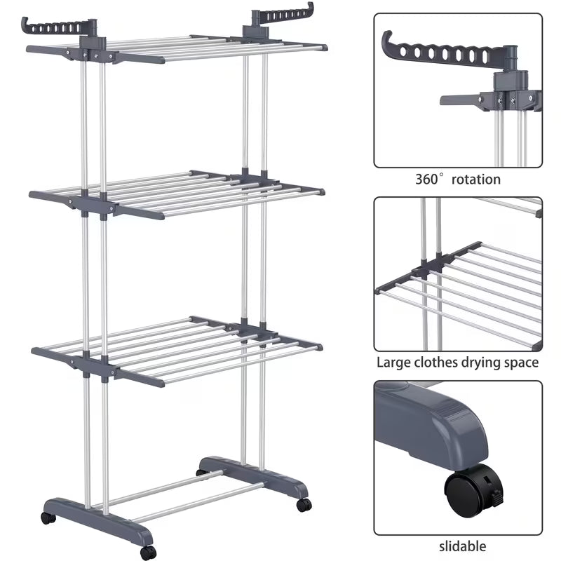 Étendoir à linge pliable 4 niveaux avec roulettes, à linge peu encombrante avec 6 ailes pliantes et 2 bras latéraux rotatifs pour une utilisation intérieure et extérieure, étendoirs