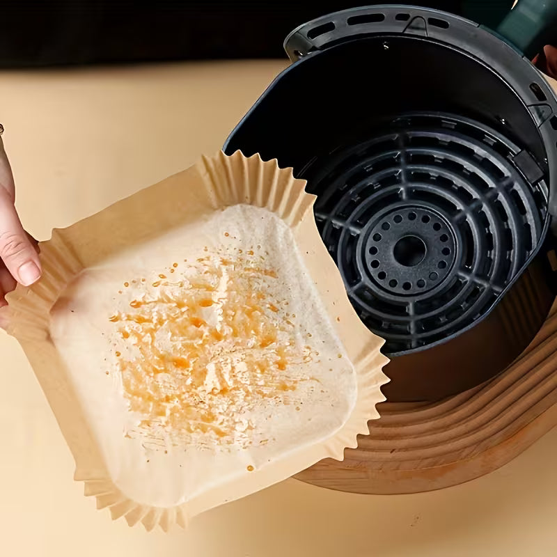 Lot de 100/50 Doublures pour Friteuse à Air - Universelles pour Four et Micro-ondes, Papier de Cuisson Antiadhésif - Sans Revêtement, Résistantes à la Chaleur pour Usage Domestique et Commercial