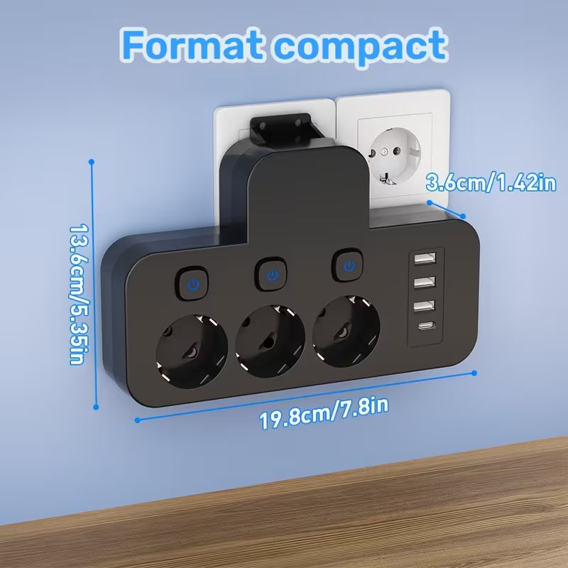 Multiprise AC 3 Ports avec 3 Ports USB et 1 Port Type-C | Convertisseur Prise EU avec Interrupteurs Indépendants, Utilisation Voyage/Maison/Bureau, Sans Câble Inclus