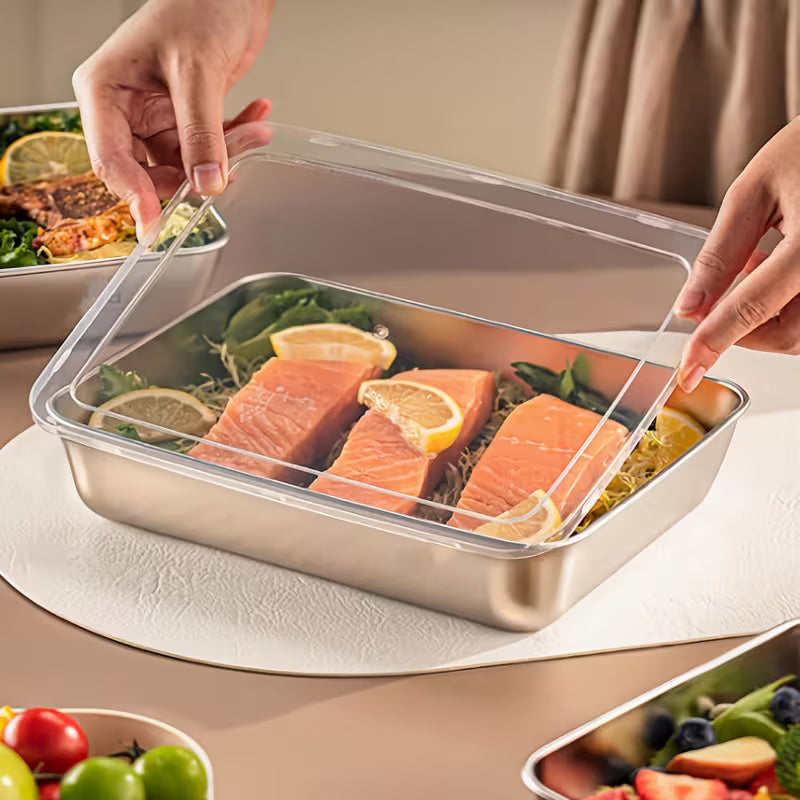 Ensemble de 3 grands récipients de conservation des aliments carrés en acier inoxydable avec couvercle transparent - Anti-fuite