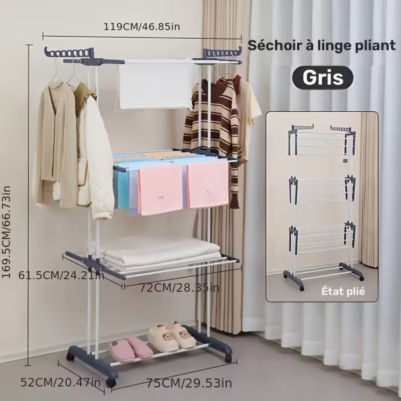 Étendoir à linge pliable 4 niveaux avec roulettes, à linge peu encombrante avec 6 ailes pliantes et 2 bras latéraux rotatifs pour une utilisation intérieure et extérieure, étendoirs