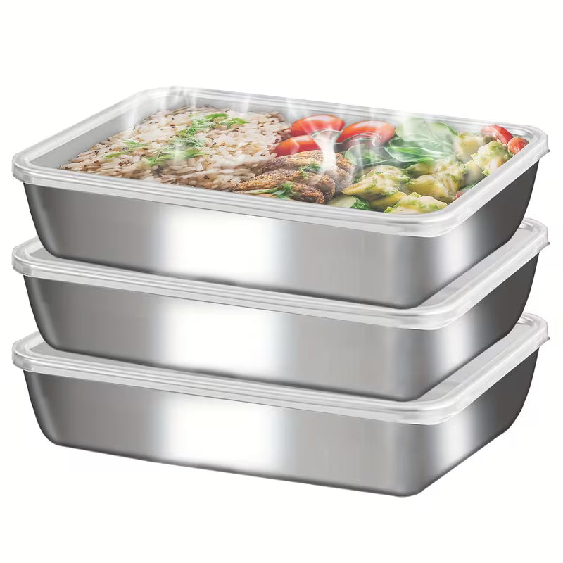 Ensemble de 3 grands récipients de conservation des aliments carrés en acier inoxydable avec couvercle transparent - Anti-fuite