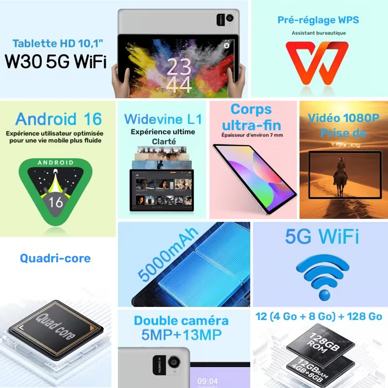 Tablette CR 10.1" Android 16 2-en-1 GMS Tab, GPS, Google, Tablette PC avec Étui de Protection