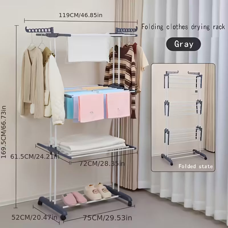 Étendoir à linge pliable 4 niveaux avec roulettes, à linge peu encombrante avec 6 ailes pliantes et 2 bras latéraux rotatifs pour une utilisation intérieure et extérieure, étendoirs
