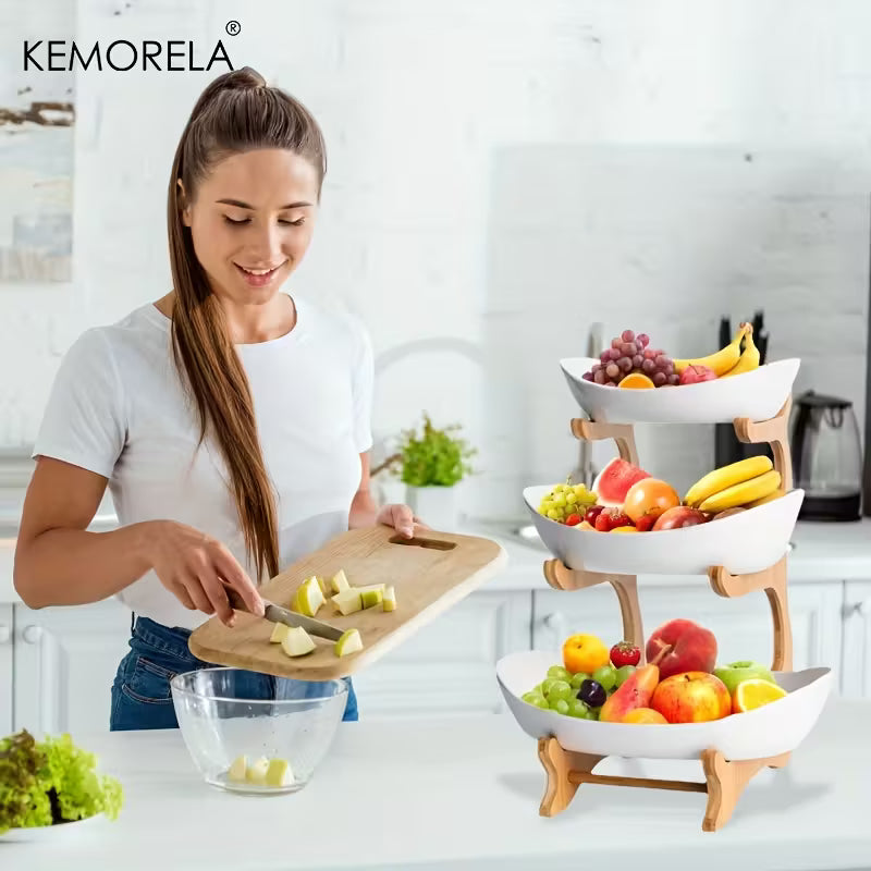 KEMORELA Panier à Fruits de Cuisine à 2/3 Niveaux, Corbeille à Fruits en Plastique, Ensemble de Corbeille à Fruits Grande Capacité, Corbeille à Fruits avec Support (Blanc et Vert)
