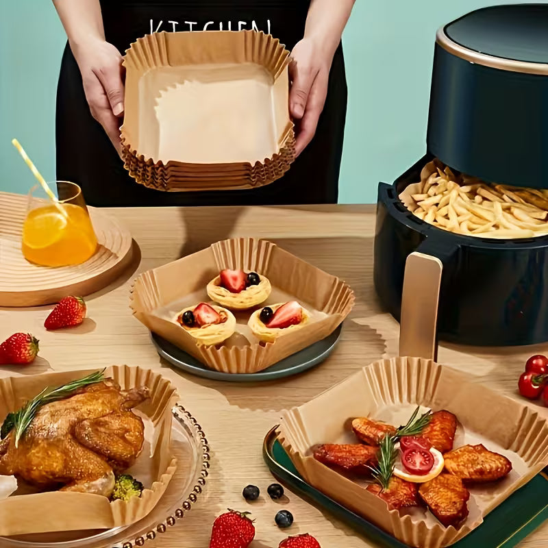 Lot de 100/50 Doublures pour Friteuse à Air - Universelles pour Four et Micro-ondes, Papier de Cuisson Antiadhésif - Sans Revêtement, Résistantes à la Chaleur pour Usage Domestique et Commercial