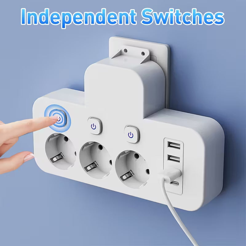 Multiprise AC 3 Ports avec 3 Ports USB et 1 Port Type-C | Convertisseur Prise EU avec Interrupteurs Indépendants, Utilisation Voyage/Maison/Bureau, Sans Câble Inclus