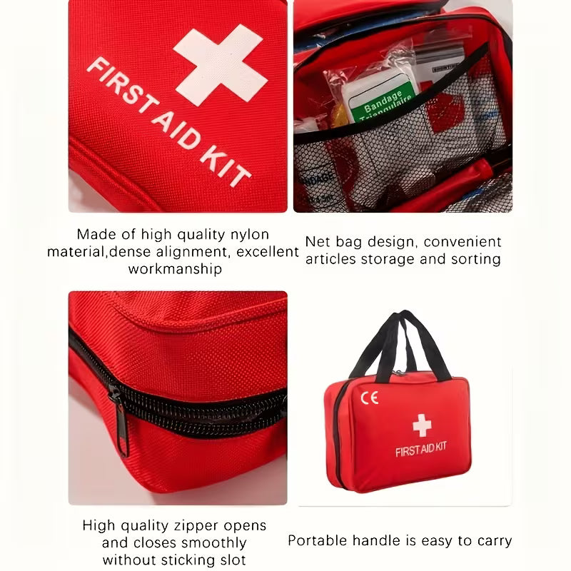 Trousse de premiers soins de luxe 260 pièces - Fournitures de sécurité essentielles pour la maison, les aventures en plein air et le camping - Portable avec ciseaux, bandages, pincettes - Rouge, sans tige de magnésium/silex