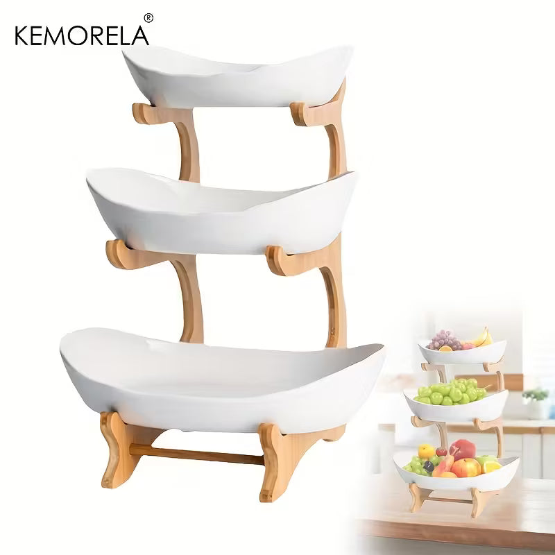 KEMORELA Panier à Fruits de Cuisine à 2/3 Niveaux, Corbeille à Fruits en Plastique, Ensemble de Corbeille à Fruits Grande Capacité, Corbeille à Fruits avec Support (Blanc et Vert)