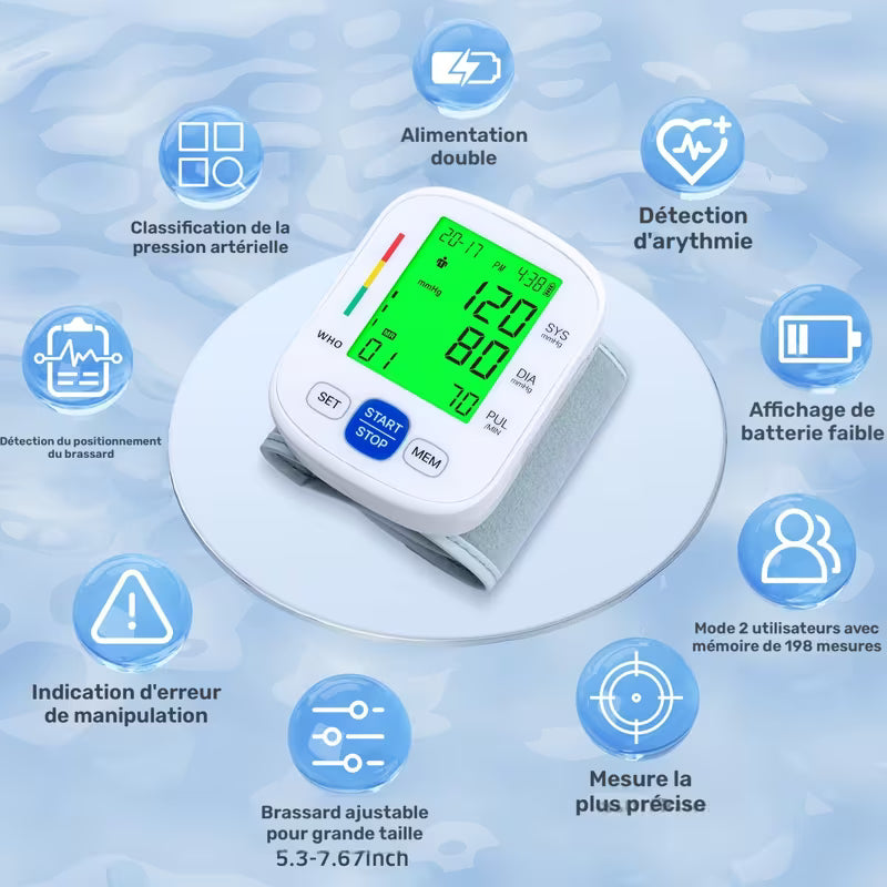 Tensiomètre de poignet BSX322, mode double utilisateur automatique portable pour usage domestique, 99 mémoires de mesures, écran rétroéclairage couleur IP22 et lecture rapide en un clic