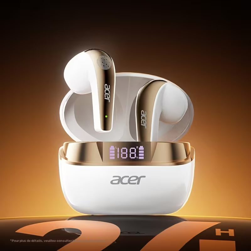 Les nouveaux écouteurs sans fil Acer 2026 sont dotés d'un affichage numérique plaqué, de commandes tactiles, d'un microphone capacitif et d'une réduction du bruit pour les appels vocaux.